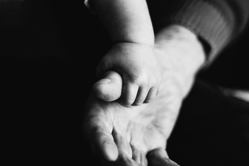 Close-up of baby and father holding hands