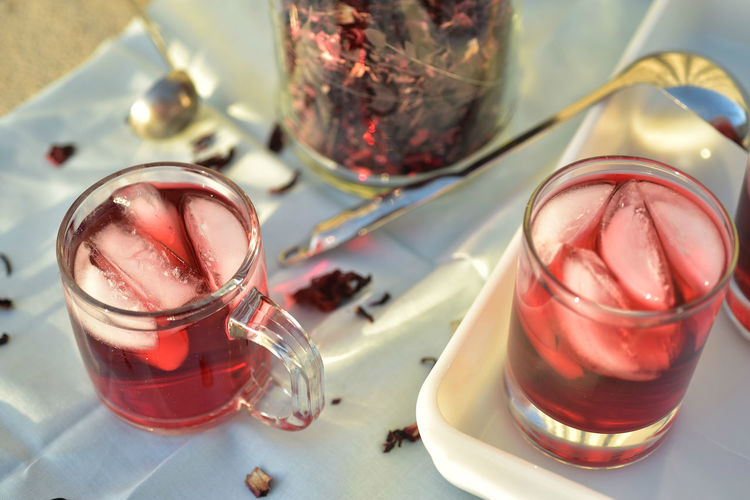 Healthy ice tea made with hibiscus flower petals