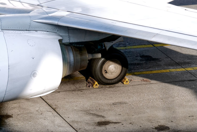 High angle view of airplane wheel