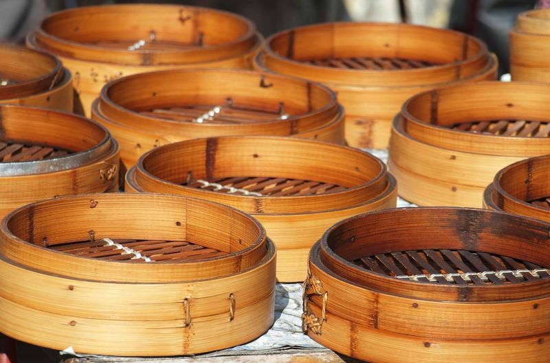 Close-up of bamboo steamers