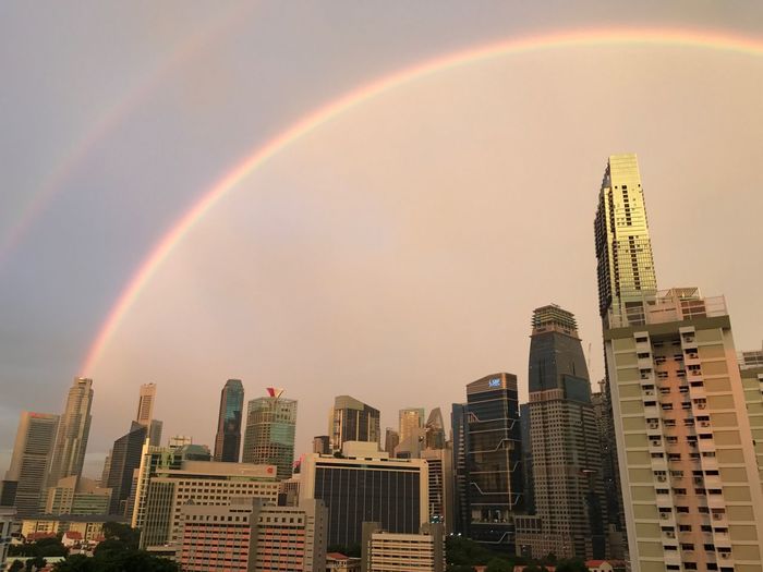 View of rainbow over cityscape against sky during sunset
