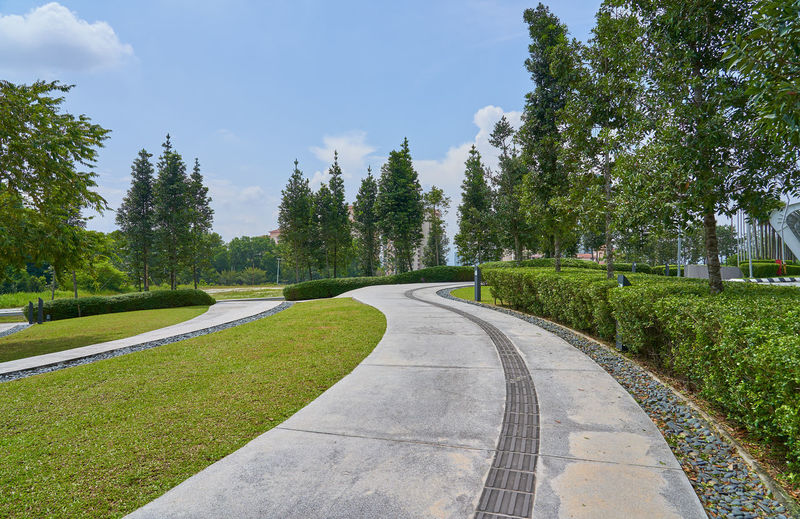 Footpath in park against sky in city