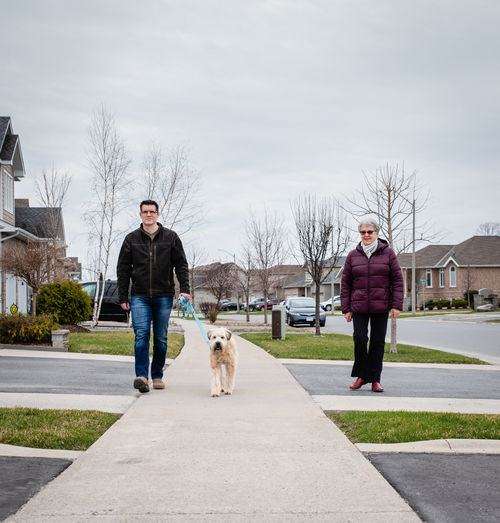 Man and older lady walking dog on sidewalk of suburban neighbourhood.