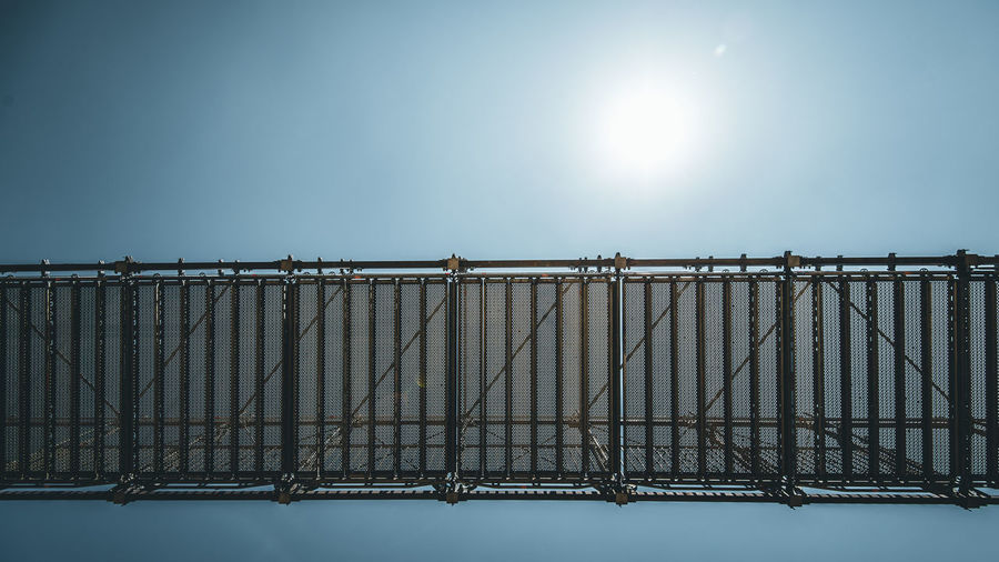 Low angle view of railing against clear sky