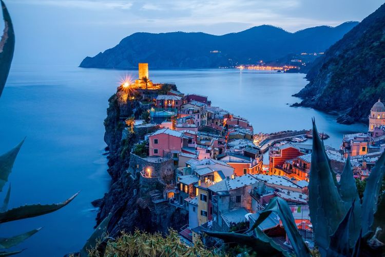 High angle view of village vernazza in italy during blue hour