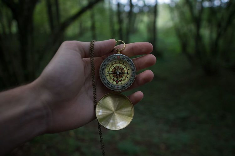 Cropped image of hand holding navigational compass in forest