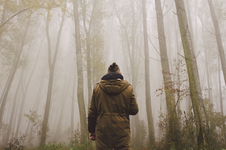 Man standing amidst trees during foggy weather