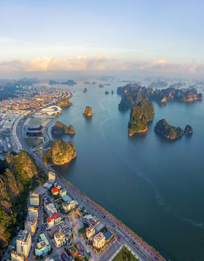 Aerial view of town by ha long bay