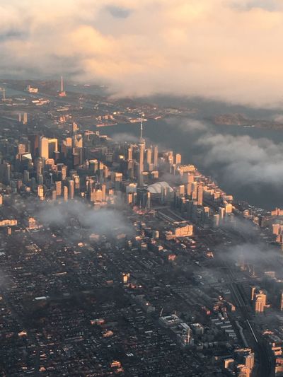 High angle view of city buildings during sunset of downtown toronto
