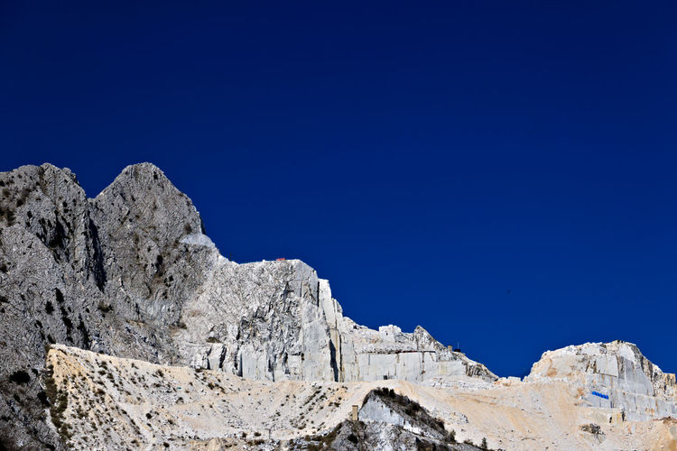 Low angle view of rocks against clear blue sky