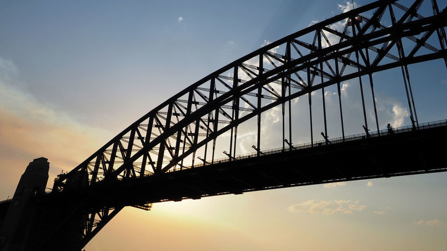 Low angle view of silhouette bridge against sky during sunset