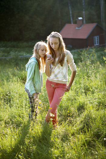 Girls with cell phone on meadow