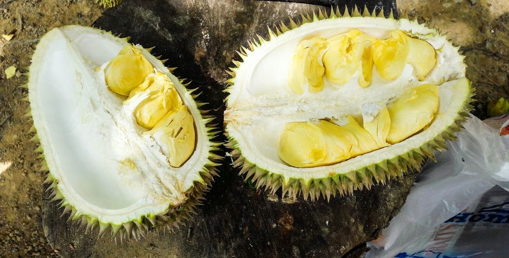 High angle view of durian fruit