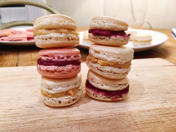 Stacks of macaroons on table