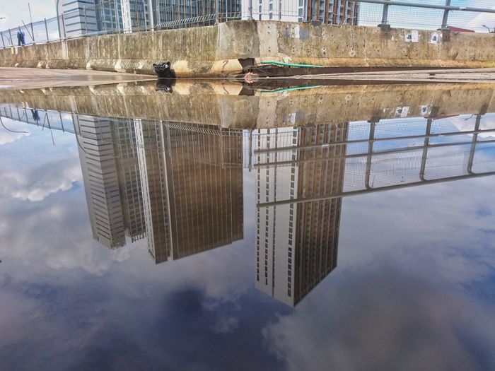 Reflection of person on puddle in swimming pool