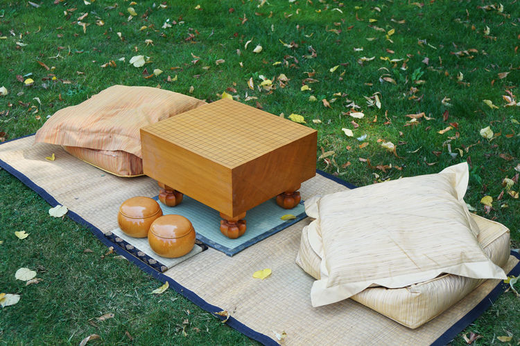 High angle view of cushions and table on mat over field
