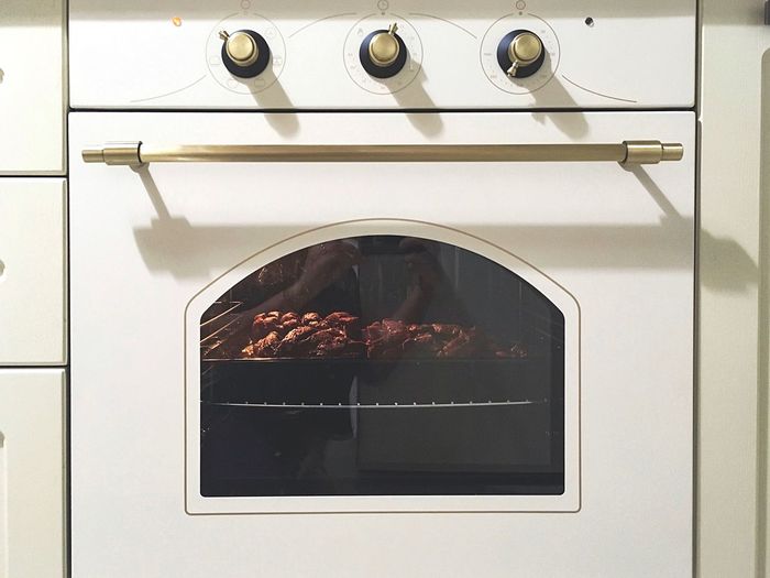 High angle view of food in the oven