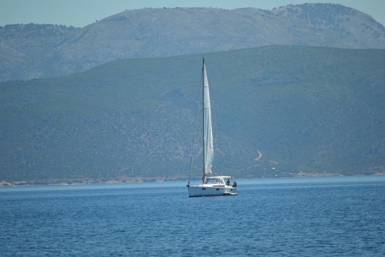 Sailboat sailing on sea against sky