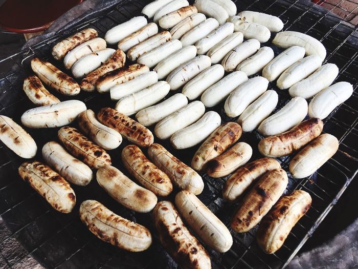 Close-up of sausages on barbecue grill