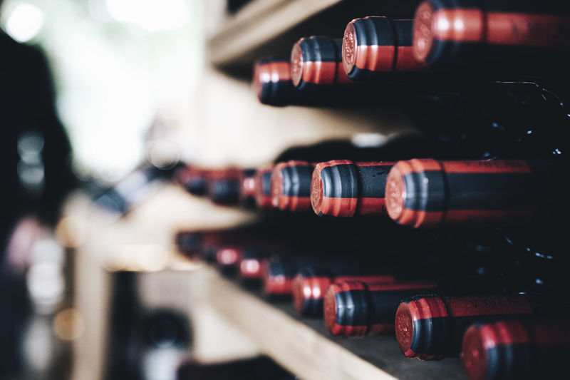 Close-up of wine bottles
