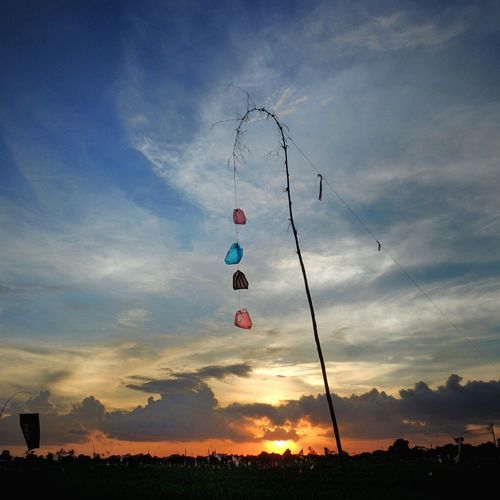 Low angle view of balloons against sky during sunset