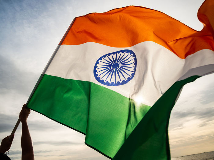 Close-up of indian flag against sky