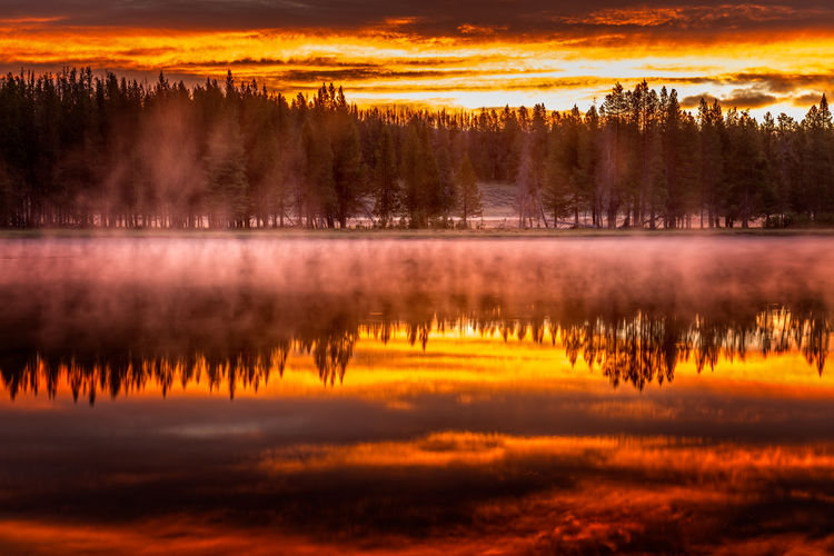 Sunrise with fog over the yellowstone lake