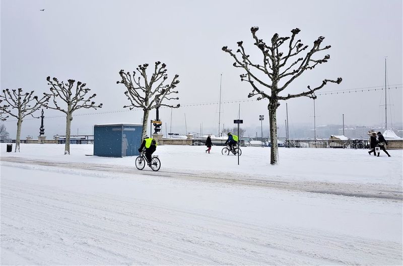 Bicycle parked on snow covered street in city