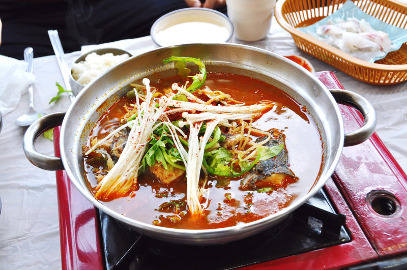 High angle view of food in bowl on table