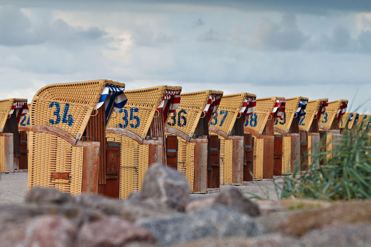 View of beach huts in a row