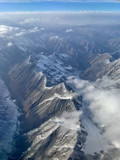 Flying over iced capped mountains in xinjiang province china