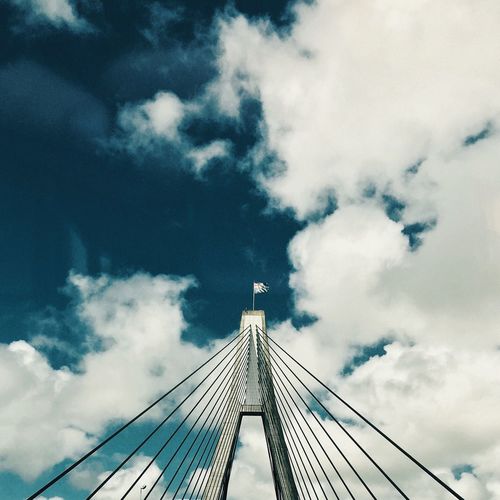 Low angle view of bridge cables against the sky