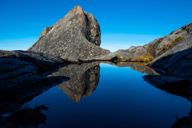 Reflection of rocks in lake against blue sky