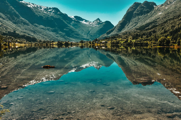 Scenic view of lake by mountains against sky