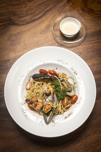 High angle view of food in plate on table