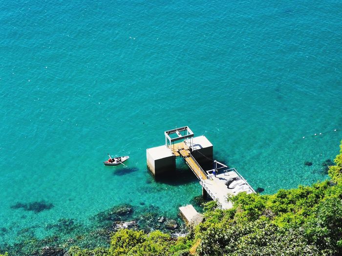 High angle view of fishing boat at sea