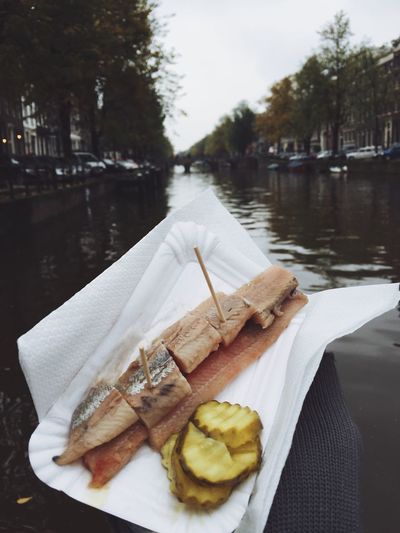 Cropped hand of person holding seafood against canal