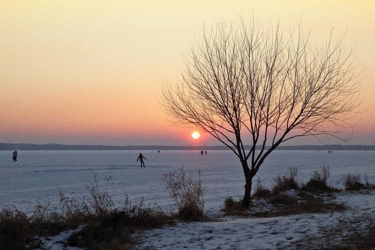 Scenic view of frozen sea against clear sky during sunset