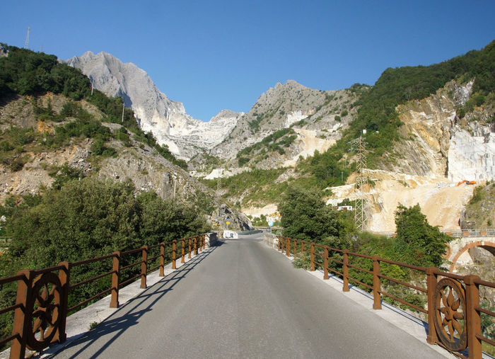 Road leading to mountains against clear sky
