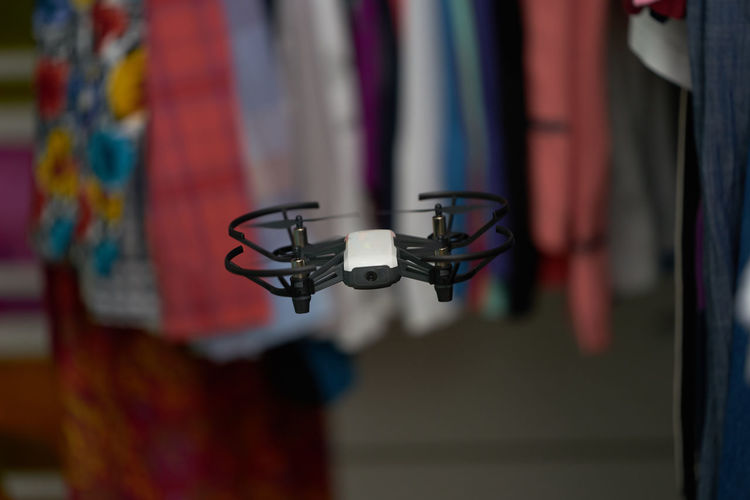 Close-up of quadcopter flying mid-air