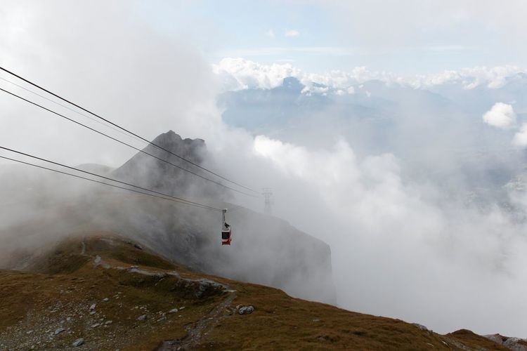 Overhead cable car with mountain in background