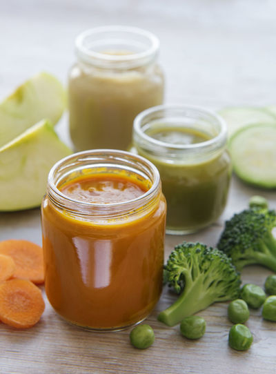 Baby food, assortment of fruit and vegetable puree