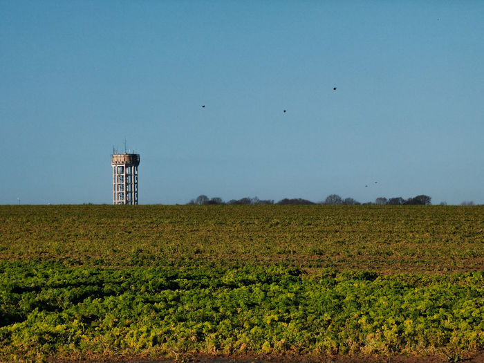 Scenic view of agricultural field against clear sky water tower