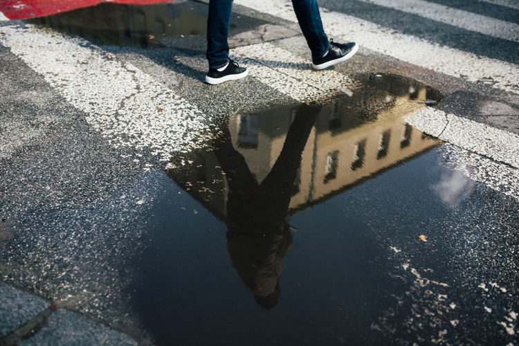 High angle view of reflection in puddle on street