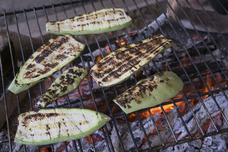 Close-up of zucchini on barbecue grill