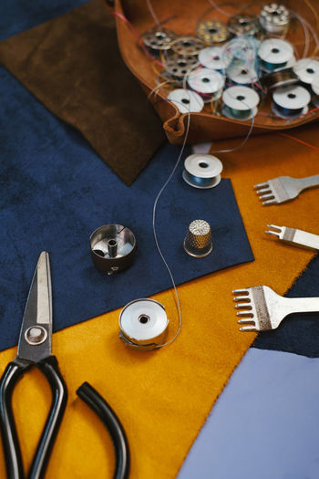 High angle view of equipment on table