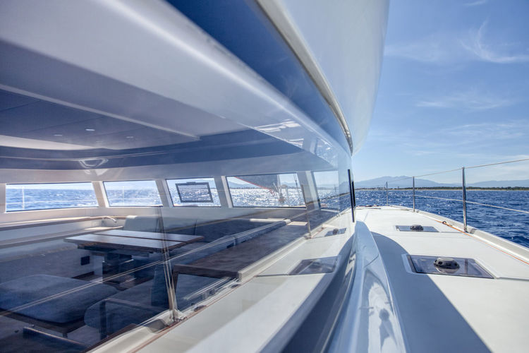 View from the deck of the saloon onboard a cruising catamaran by a bea