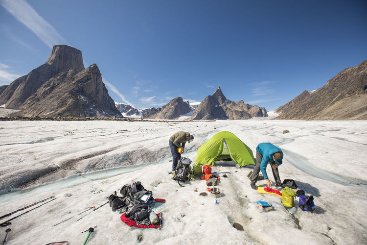 Mountaineers pack up in prepartation for a day of climbing,