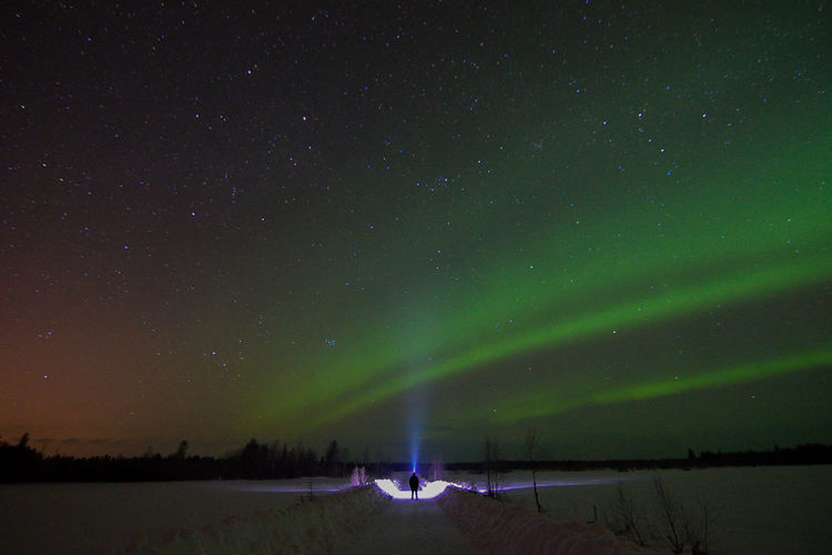 Rear view of man with flashlight standing on snow covered field against sky at night
