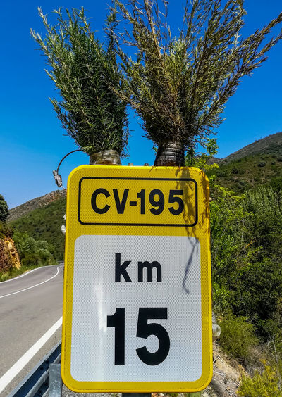 Text on road sign against clear blue sky